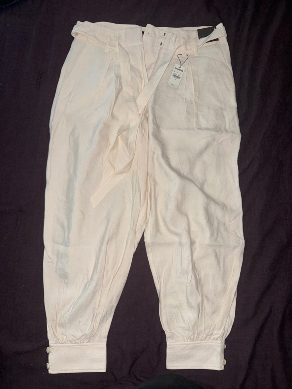 Express Light Beige Paperbag Waist Tapered Pants
